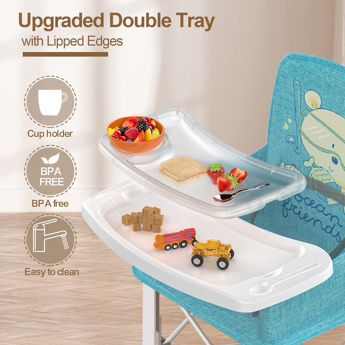 Baby Travel Booster Seat with Double Tray, BabyBond Upgraded Toddler Portable Baby Chair, Booster Seat for Dining Table, Stable and Foldable Booster Baby Chair for Indoor/Outdoor (Blue Sea World)