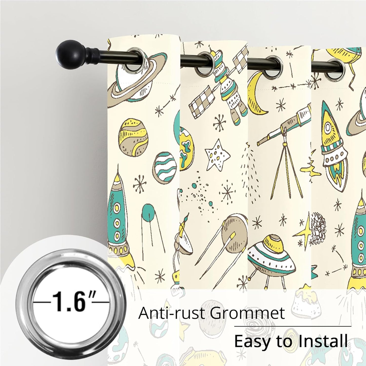 Kids Space UFO and Rocket Blackout Curtains - 100% Blackout, Thermal Insulated, Noise Reducing, Perfect for Kids Room and Nursery, 2 Panels (Space Explorer Sketchbook, W52×L63)