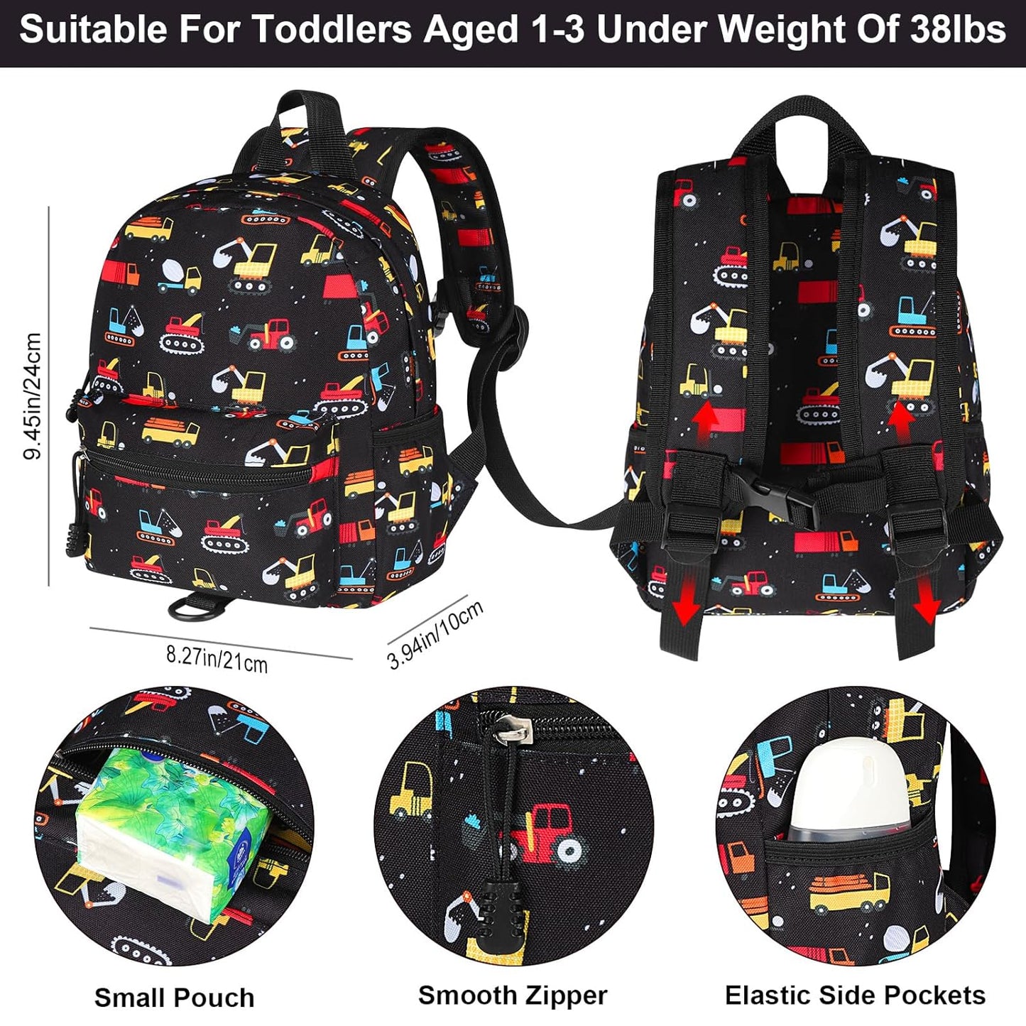 Accmor Toddler Backpack Harness with Leash, Cute Baby Backpacks with Anti Lost Wrist Link, Mini Kids Backpack Tether Walking Harness for Travel Outdoor, Black Excavator Backpack Tether for Boys Girls