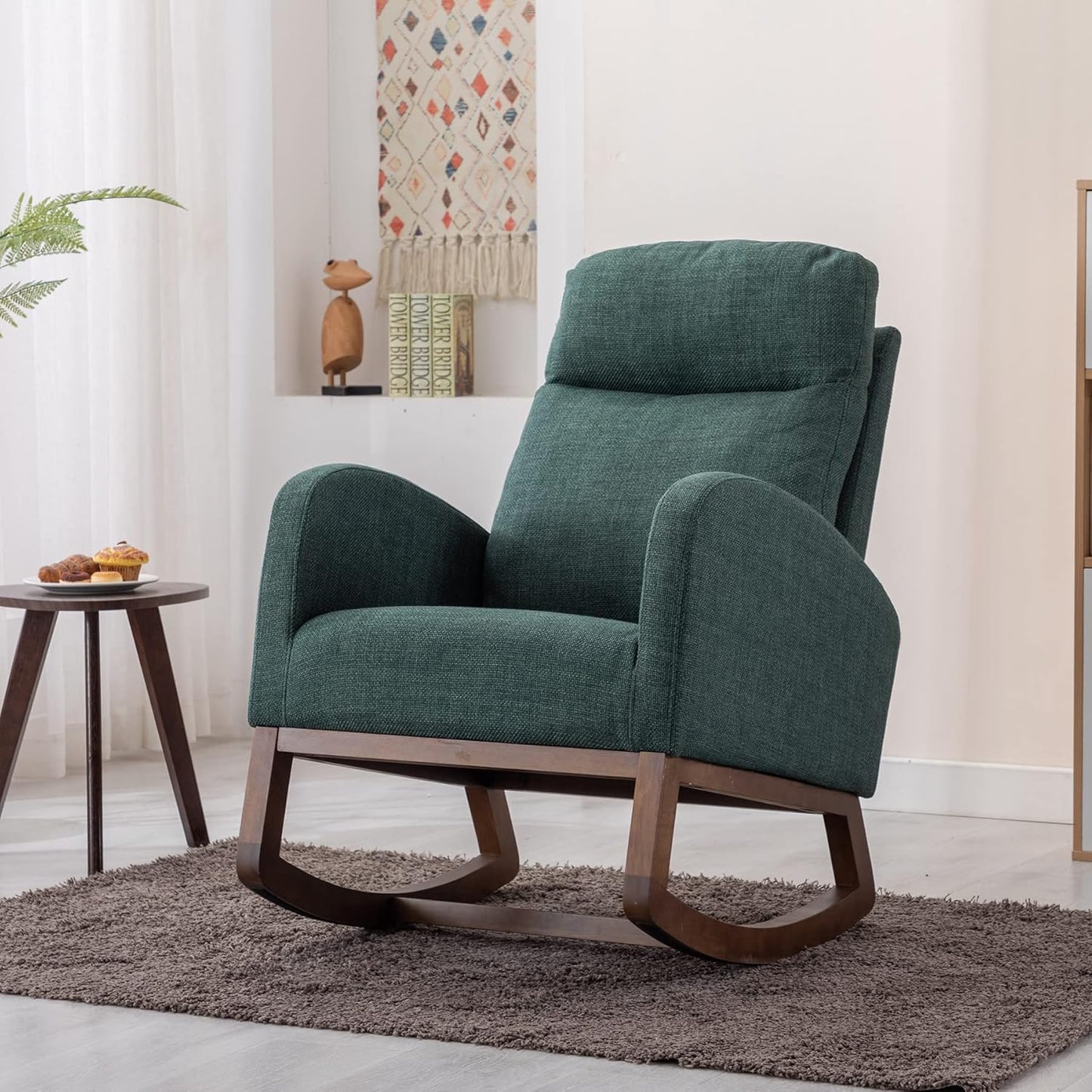 Dolonm Nursery Rocking Chair for Living Room, Upholstered Mid-Century Modern Nursery Rocking Armchair Tall Back Accent Glider Rocker, Emerald