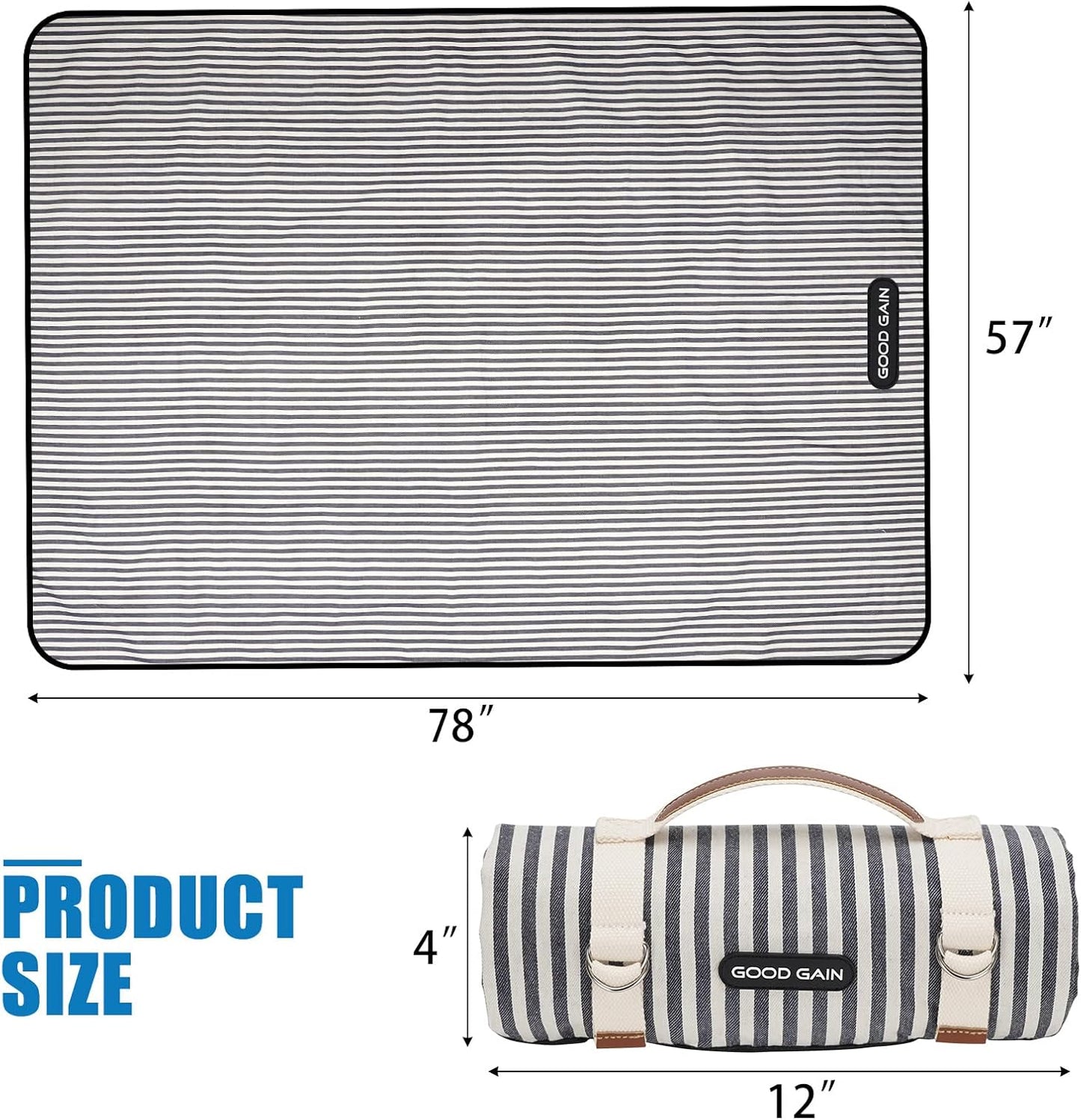 G GOOD GAIN Waterproof Picnic Blanket Portable with Carry Strap for Beach Mat or Family Outdoor Camping Party (Navy Blue)