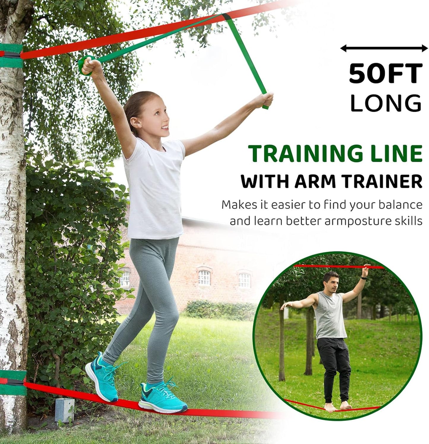Ninja Warrior Obstacle Course for Kids Backyard - 2×50ft Slackline Kit with 10 Most Complete Accessories for Boys & Girls, Swing, Rope Ladder, Gymnastic Ring, Climbing Net, Arm Trainer and Monkey Fist