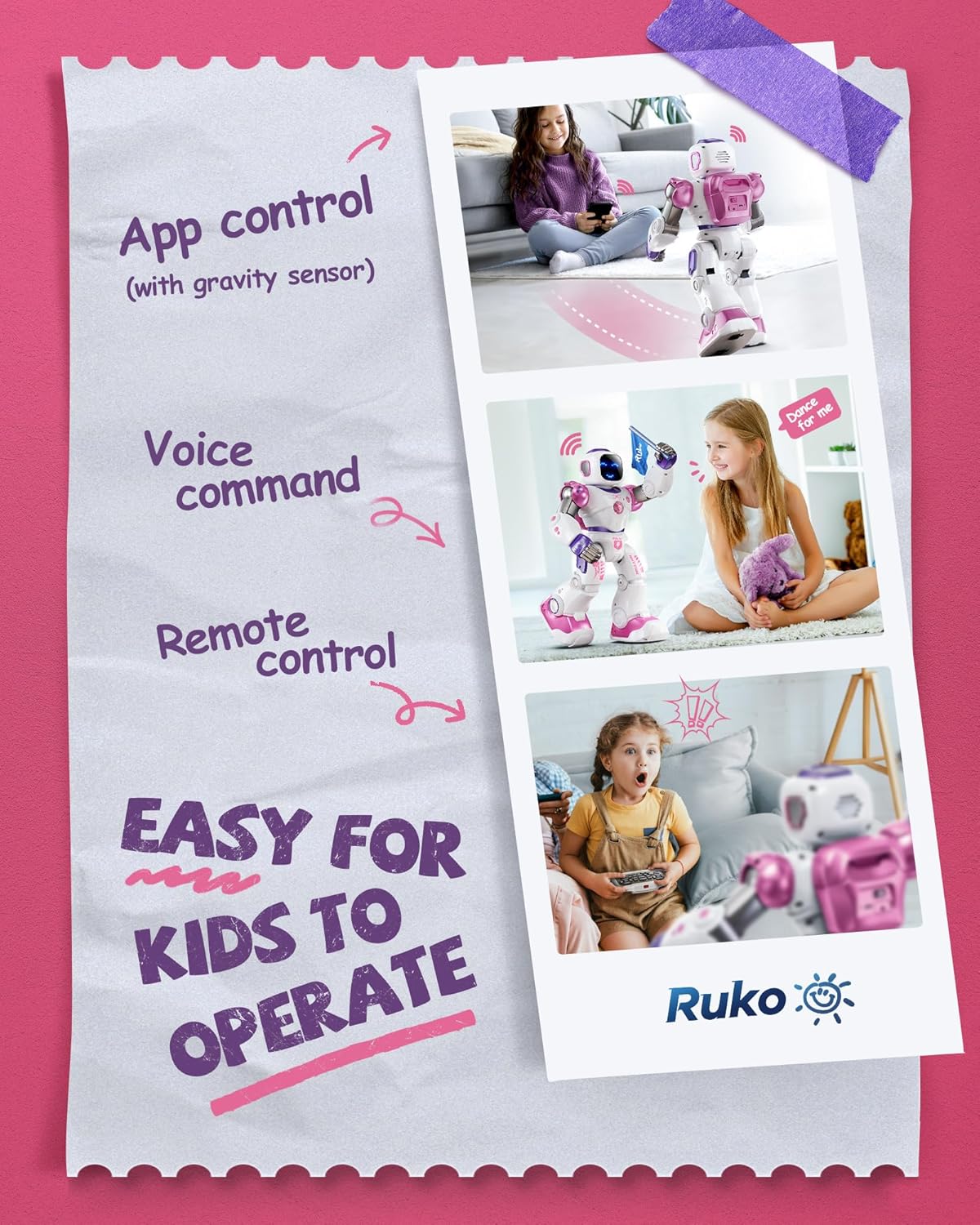 Ruko 1088 Smart Robot Toys for Kids, Large STEM Programmable Interactive RC Robot with Voice Control, App Control, Gifts for Boys & Girls Age 4 5 6 7 8 9, Pink