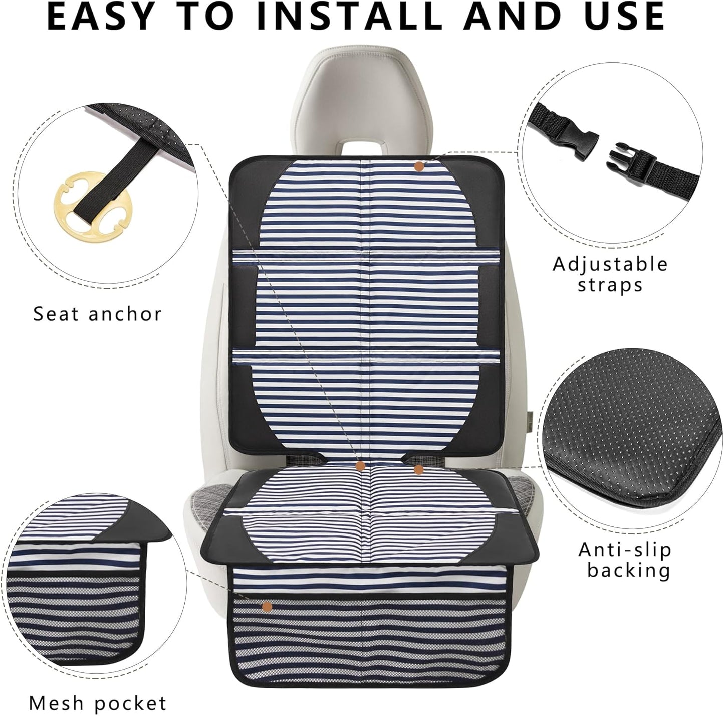 Car Seat Protector for Child Car Seat, 2 Pack Baby Car Seat Covers with Mesh Pockets & Non-Slip Backing 600D Durable Seat Protector Under Baby Car Seat for Car Back Seat (Stripe, Large)