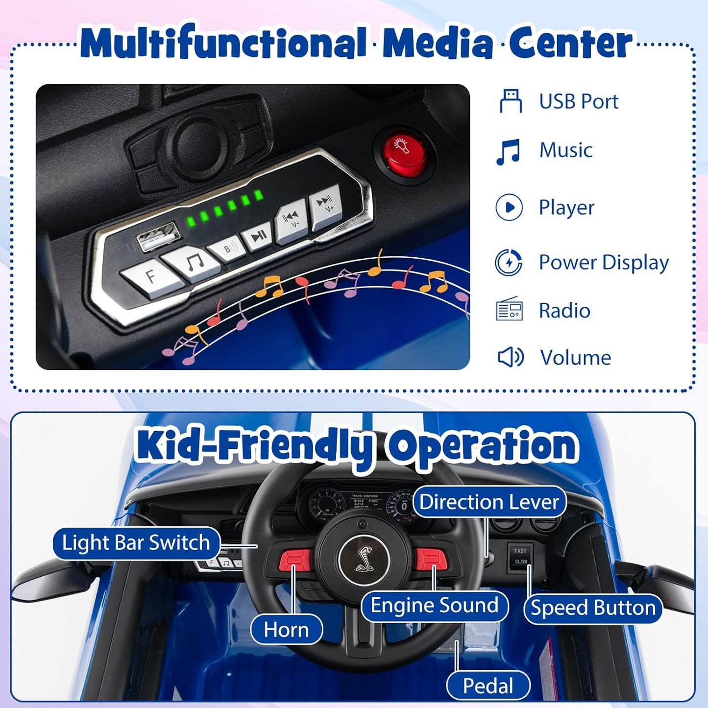 Costzon Ride on Car, 12V Licensed Ford Mustang Shelby GT500 Kids' Electric Vehicles w/Remote Control, USB Port, Radio, Music, Player, High Low Speed & Soft Start, Racing Kids Car for Toddler (Blue)