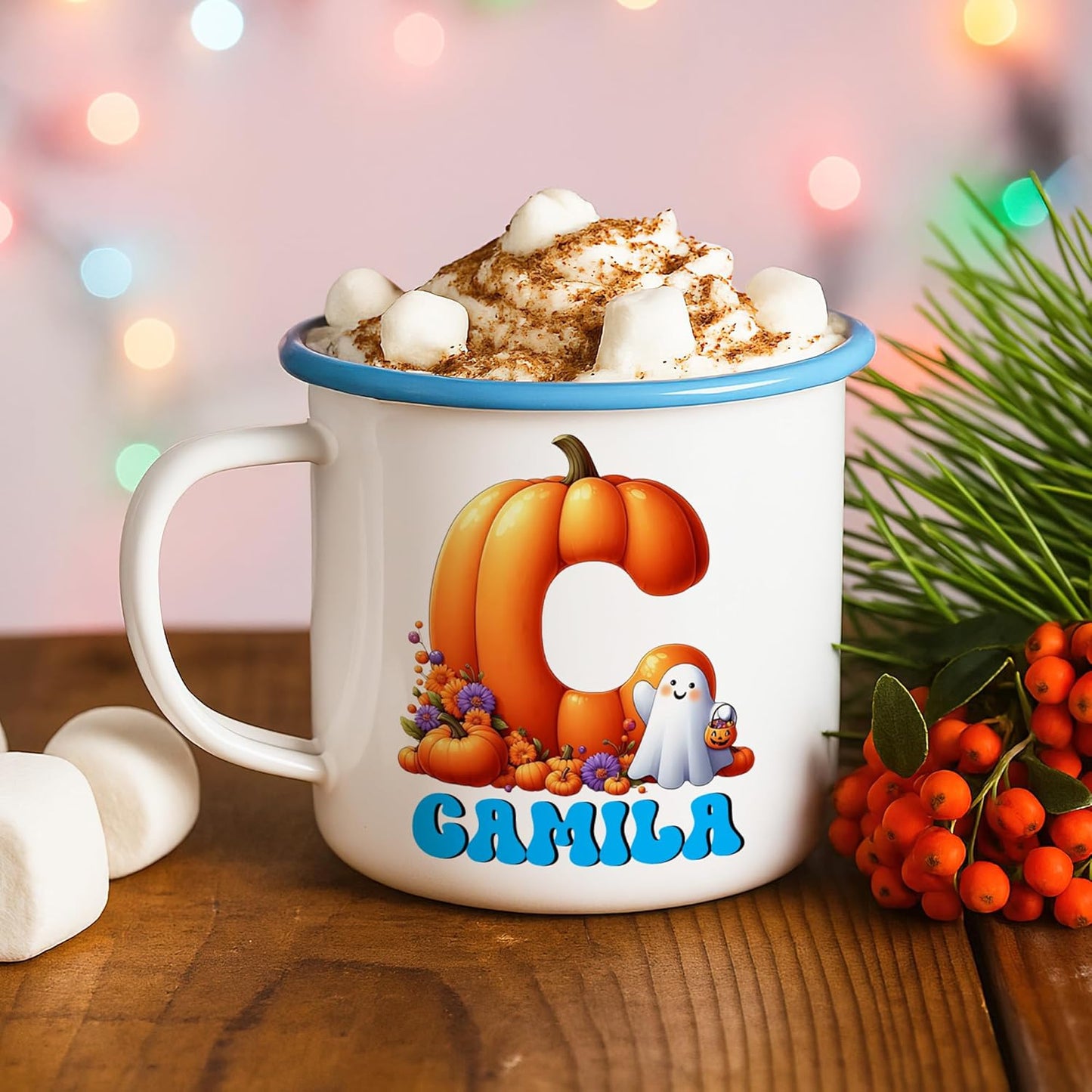 Personalized Halloween Enamel Mug with Ghost Pumpkin Initial, 12oz Custom Name on Ghost Coffee Mugs, Halloween Party Gift for Family
