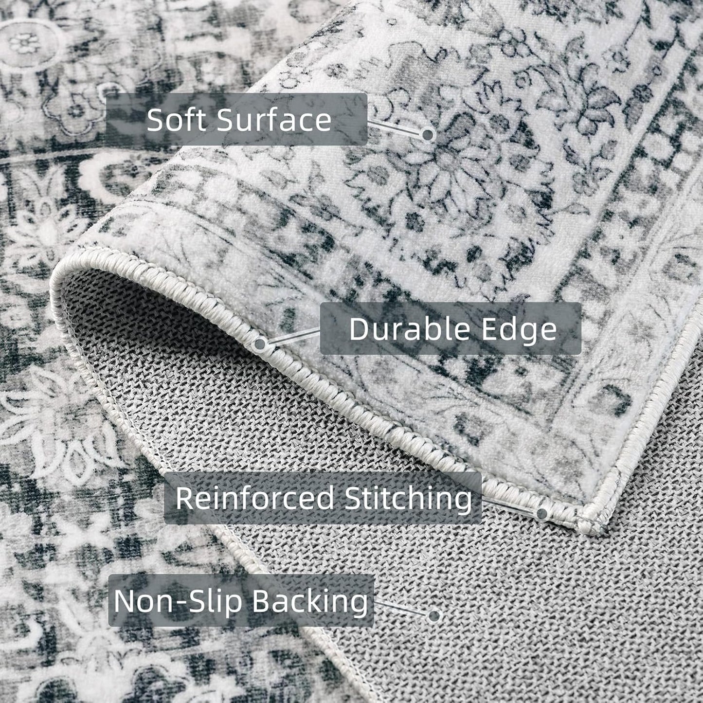 Deerly Area Rug 3x5 Area Rug with Non-Slip Backing, Washable Rugs for Bedroom Living Room Kitchen, Distressed Carpet Printed Low-Pile Soft Dorm Rug Room Decor(Grey)