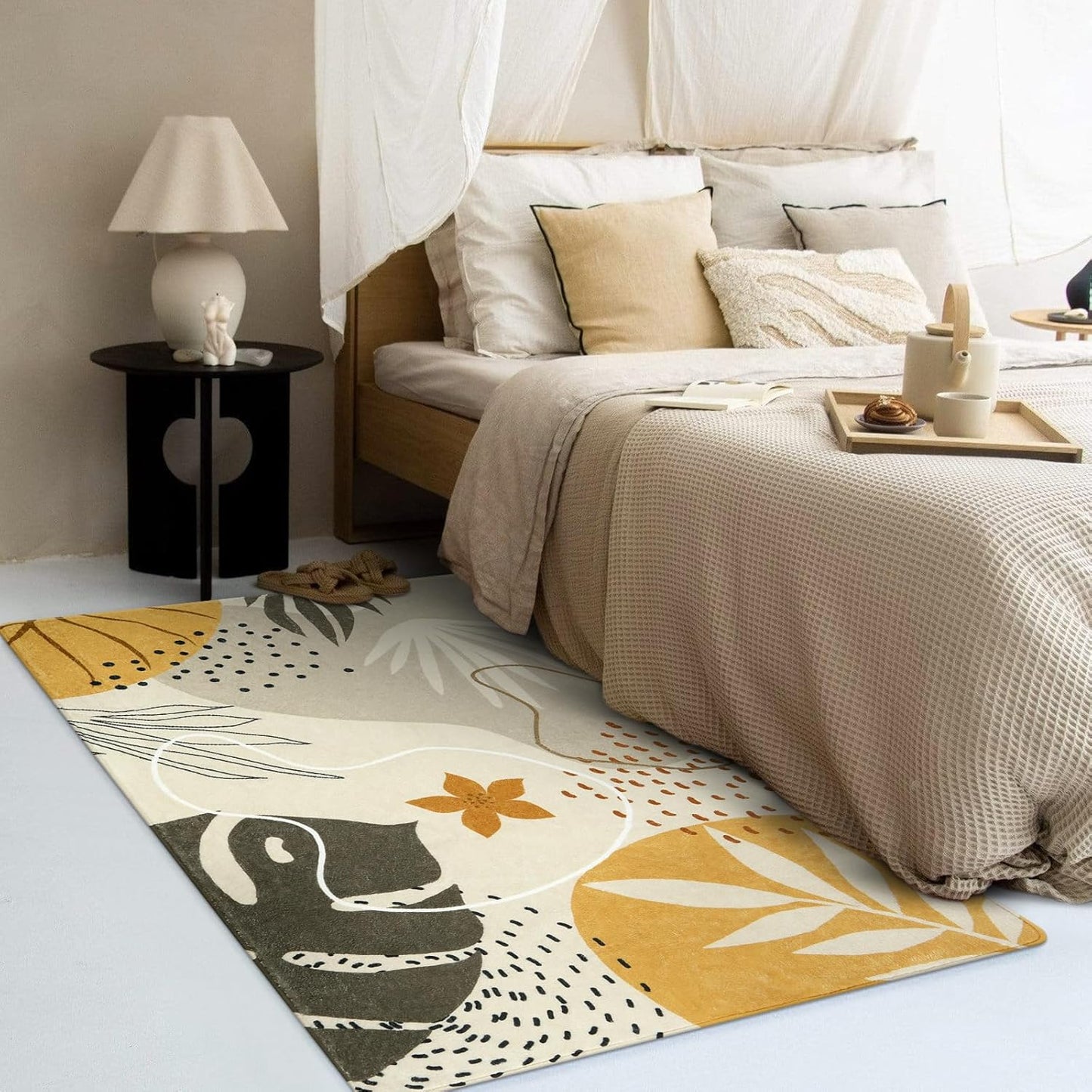 LLahome Boho 3x5 Washable Area Rug - Small Non-Slip Low-Profile Soft Rugs for Bedroom Living Room, Ultra-Thin Botanical Print Indoor Modern Carpet for Entryway Laundry Room Kitchen Office, Tan