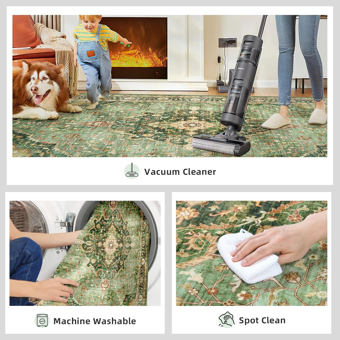 Green Runner Rug 2x4 Rugs Boho Small Washable Runner Rugs for Entryway Bathroom Kitchen, Small Rugs Soft Low Pile Non-Slip Rubber Backing Oriental Door Mat