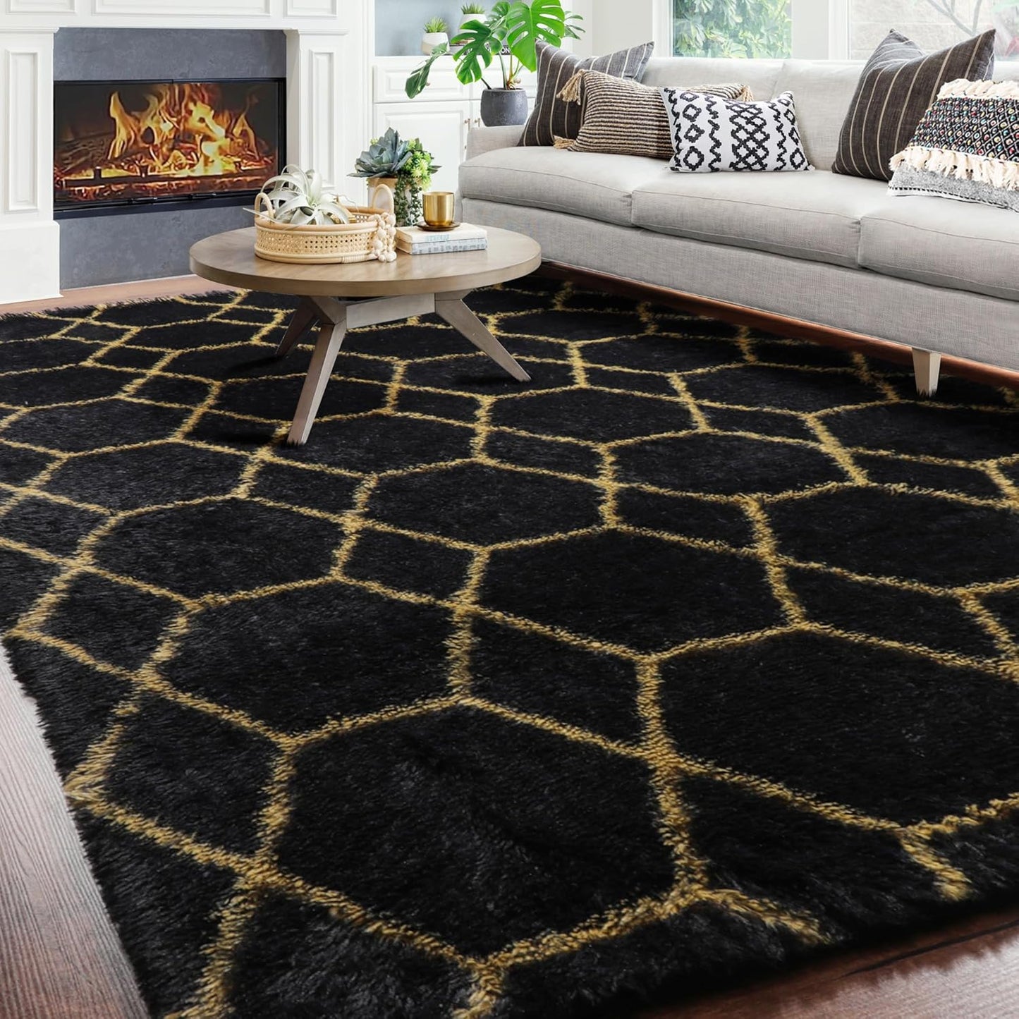 ONASAR 8x10 Area Rugs for Living Room, Fluffy Black and Gold Bedroom Rug, Washable Geometric Boho Large Soft Plush Shaggy Fuzzy Floor Carpet for Nursery Kids Classroom Playroom Dorm Home Decor