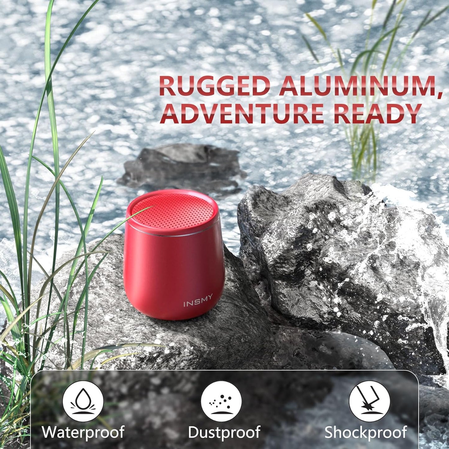 INSMY Small Bluetooth Speaker, Waterproof Mini Portable Wireless Speaker, Punchy Bass Rich Audio Stereo Pairing, Handheld Pocket Size, Built in Mic for Hiking Biking Gift Laptop Tablet (Red)