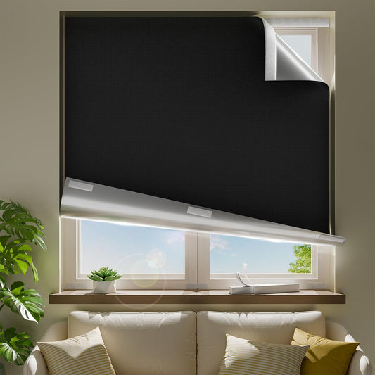 24" W x 48" L 100% Portable Blackout Curtains, Total Darkness No-Drill Black Out Window Cover,Temporary Blackout Shades with Hook & Loop Tape, for Bedroom, Nursery, Dorm, Travel (Black)