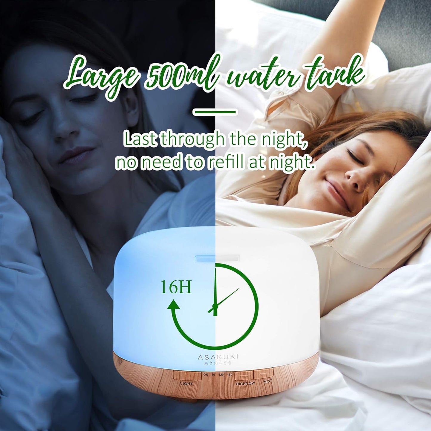 ASAKUKI Oil Diffuser with Essential Oils Set, 500ml Aromatherapy Humidifier with 14 LED Colors & Auto Shut-Off - 6 Oil Gift Pack(Lavender Eucalyptus Tea Tree Orange Peppermint Lemongrass)