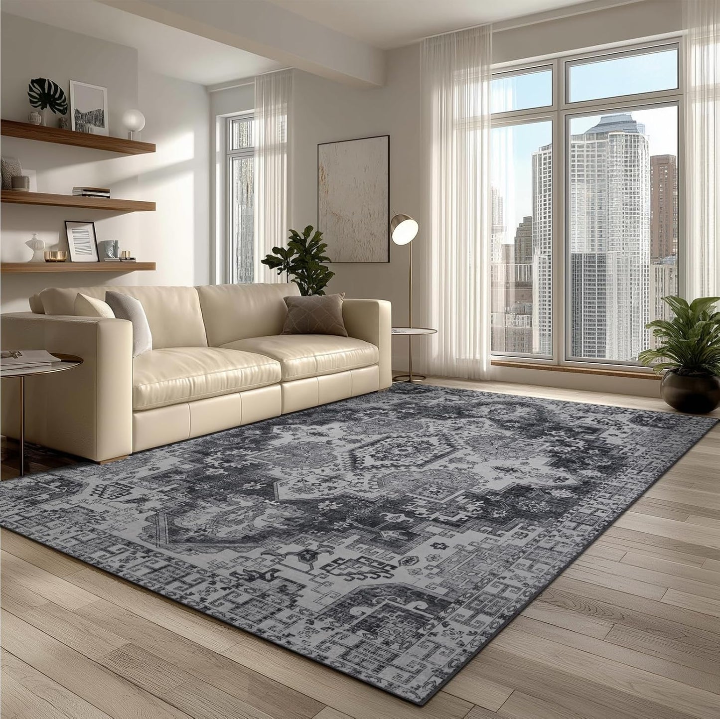 Washable 6x9 Area Rug for Living Room, Carpet for Bedroom Dining Room, Non Slip&Non-Shedding Resistant Low Pile Vintage Print Rug for Home Office (Medium Gray)