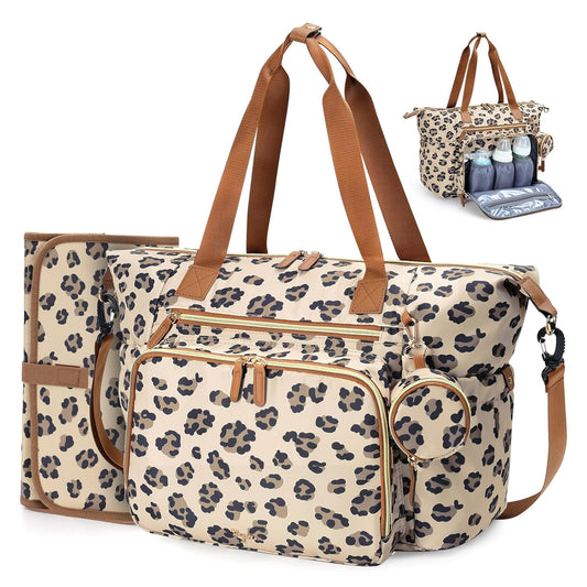 Diaper Bag Tote, Large Baby Diaper Bags for Travel, Hospital Bag for Labor Delivery with Pacifier Case, Changing Pad, Shoulder Strap, Leopard Print
