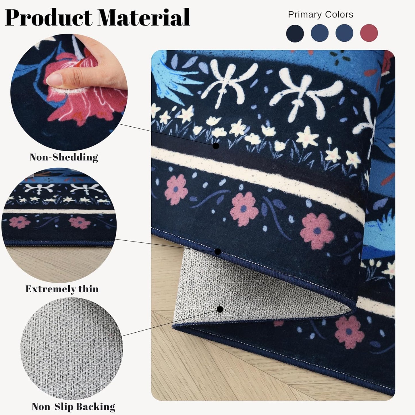 Area Rug 4x6 Rug Washable Vintage Floral Botanical Rugs Non Slip Low Pile Small Carpet for Bedroom, Bedside, Kids Room, Office, Dining Room, Blue