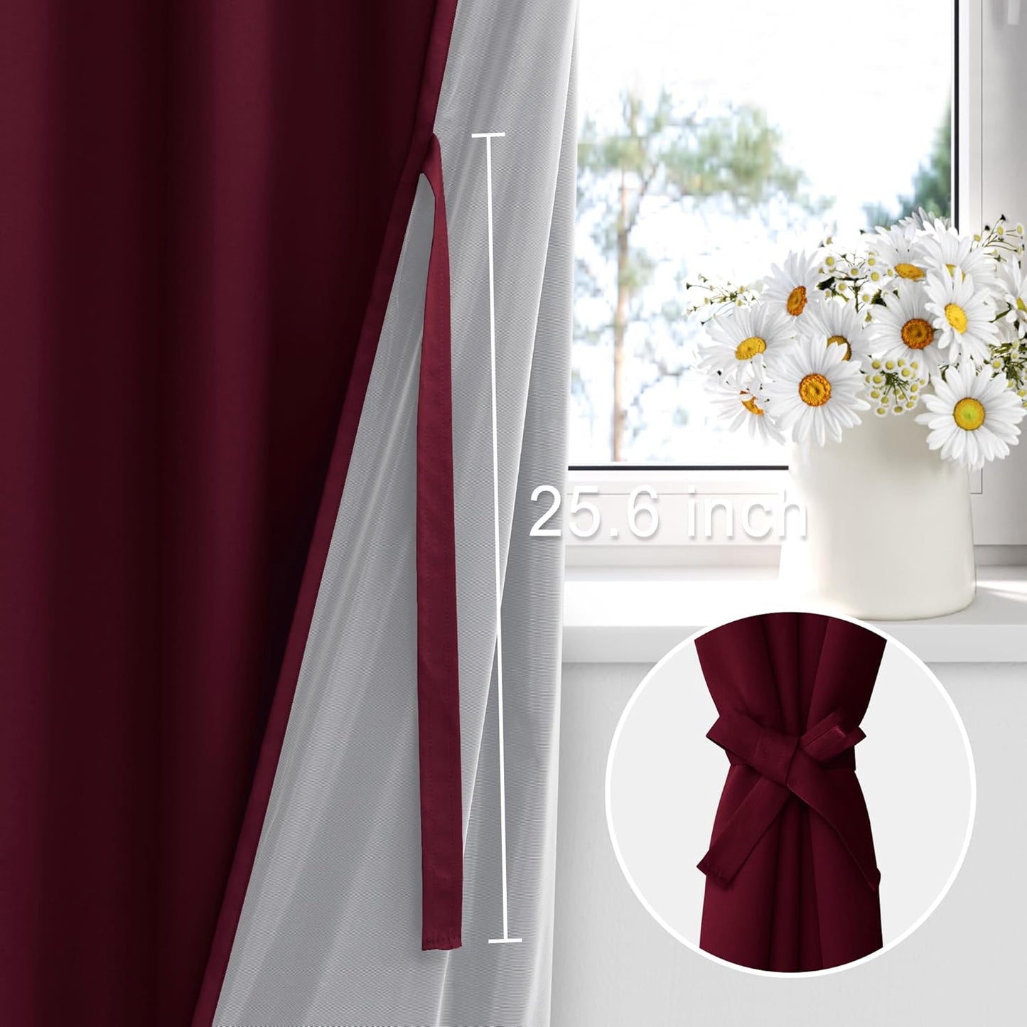 XWZO 100% Blackout Window Curtains - Rod Pocket Thermal Insulated & Completely Room Darkening Black Liner Window Treatment with Tiebacks for Bedroom/Living Room, Burgundy, W60 x L84, Set of 2 Panels