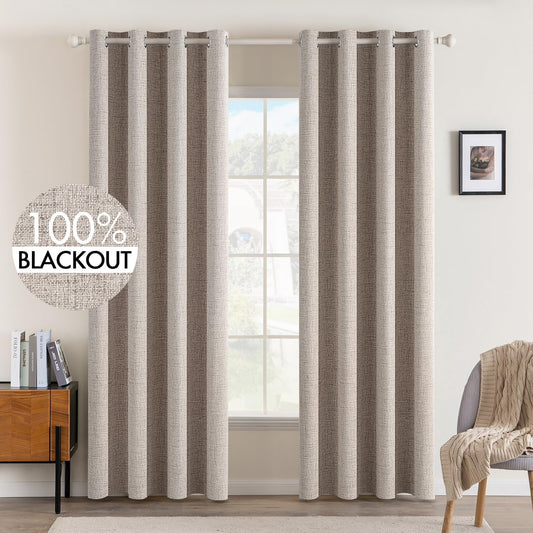 MIULEE Linen Texture Curtains for Bedroom Solid 100% Blackout Thermal Insulated Khaki Curtains Grommet Room Darkening Drapes for Living Room Nursery 52x108 Inch (2 Panels)
