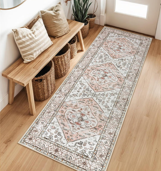 Lahome Boho Washable Non-Slip Pink Rug - Ultra-Thin Non-Shedding Bedroom Bathroom Carpet Runner for Hallway Entryway (Pink, 2'x6')