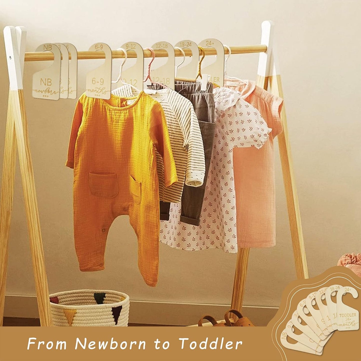 Baby Closet Dividers for Clothes Organizer - Set of 8 Beautiful Wooden Double-Sided Baby Clothes Size Organizer from Newborn to 24 Months for Nursery Decor