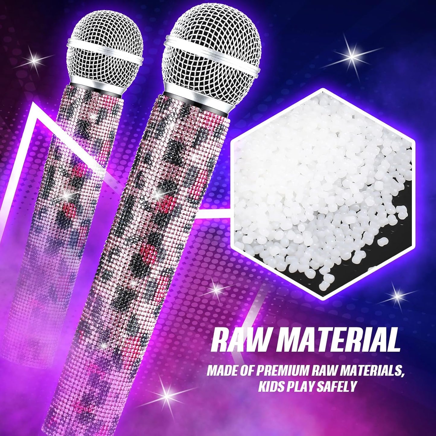Sanwuta Fake Microphone Prop Sparkly Bling Rhinestones Plastic Play Microphone Pretend Glitter Bedazzled Mic for Cosplay Party Costume(Pink Leopard)