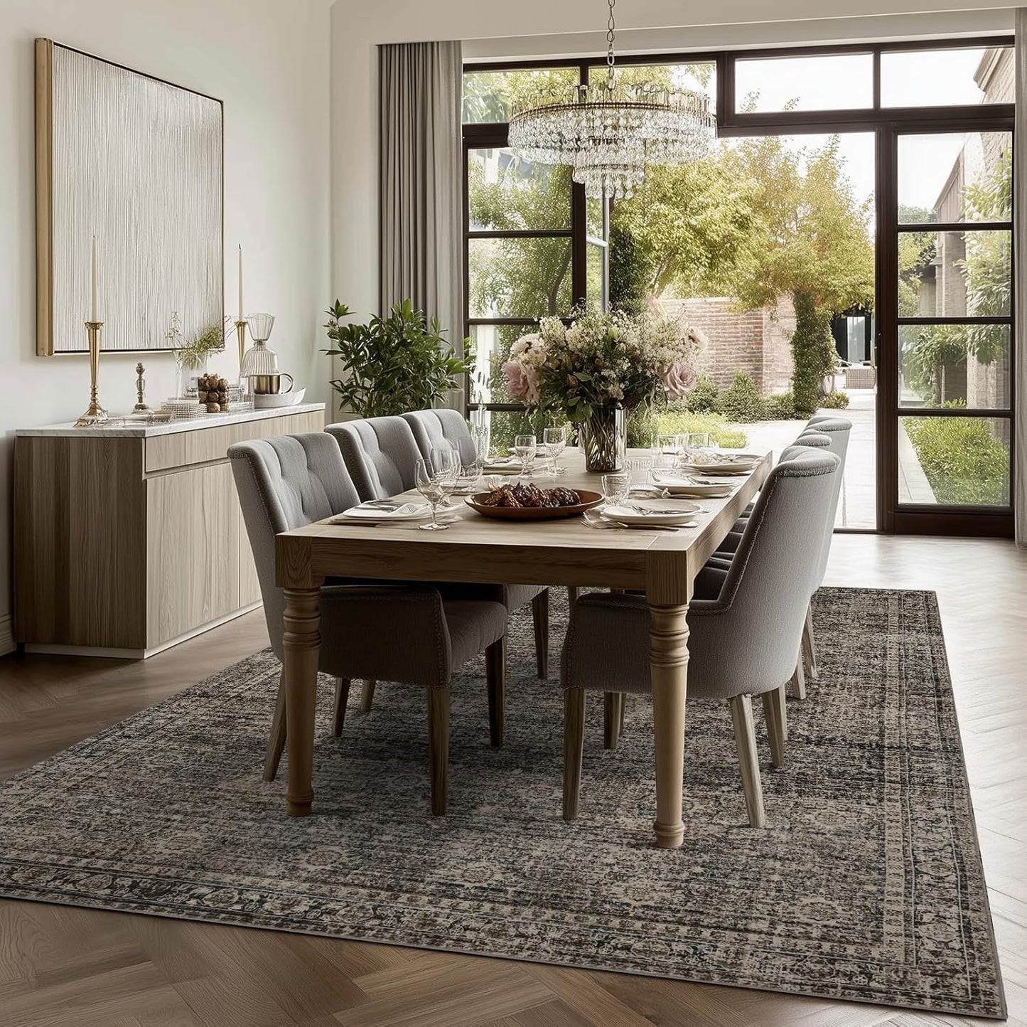9x12 Area Rug Living Room Rugs, Stain Resistant Washable Rug, Vintage Large Non-Slip Backing, Low Pile Lightweight Print Rug for Bedroom Dinning Room Home Office (Brown)