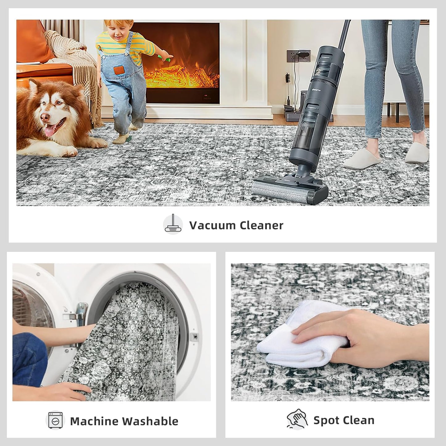 Deerly Grey Rug 6x9 Rugs for Living Room Distressed, Washable Area Rugs Non Slip Large Rug for Bedroom Dining Room Office, Floor Decoration Big Rug Mat Low-Pile(Grey)