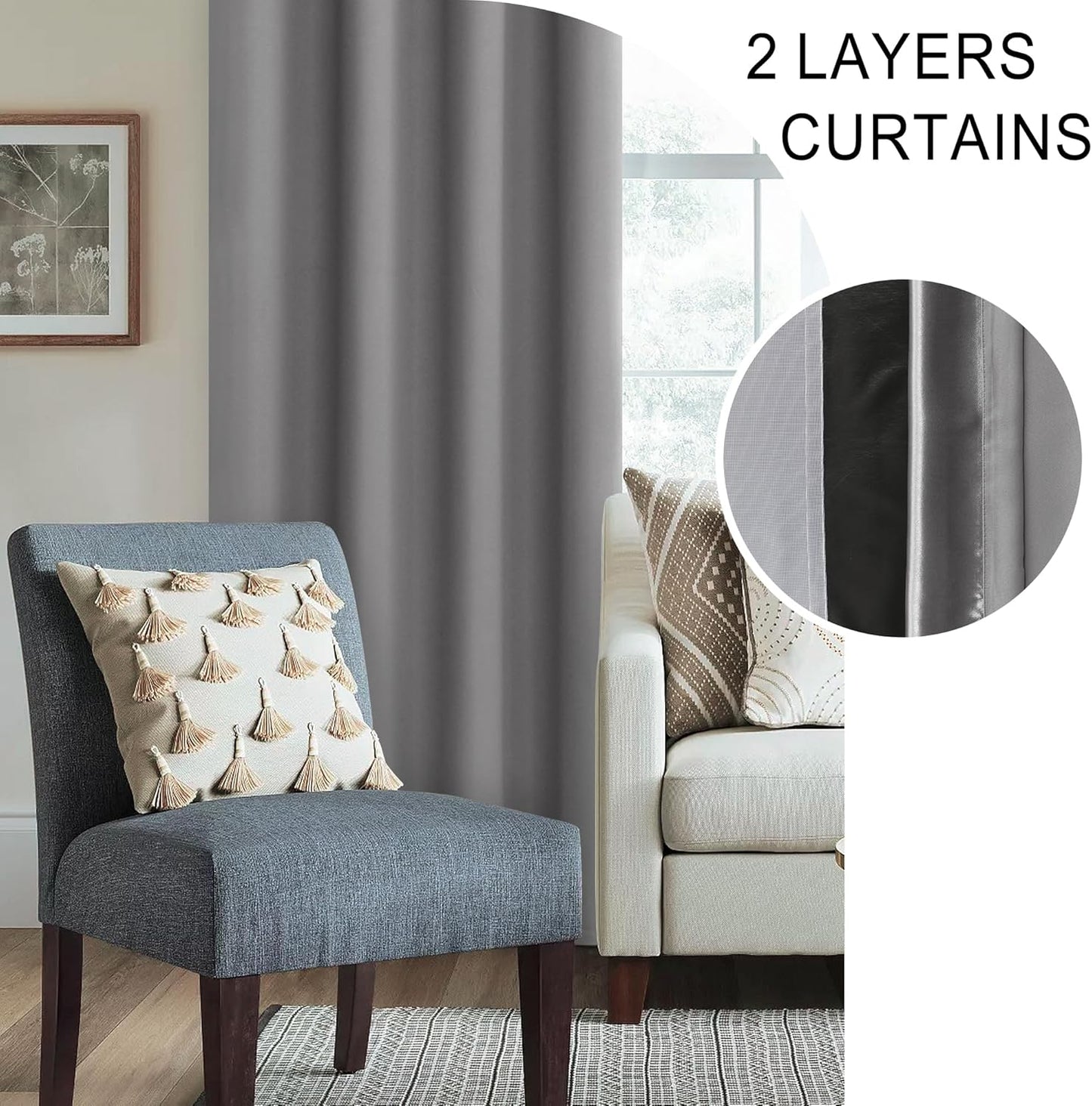 XWZO 100% Blackout Curtains with Tiebacks- 2 Thick Layers Completely Shaded Rod Pocket Window Treatment Thermal Insulated Lined Drapes for Bedroom/Laundry Room, Grey, W42 x L72, Set of 2