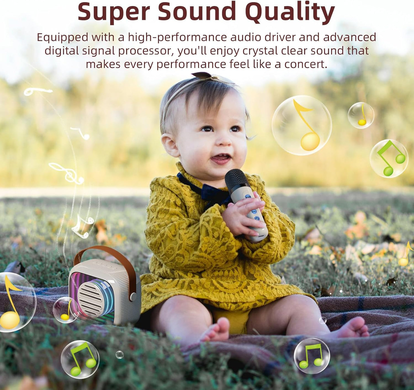YF93 Mini Karaoke Machine for Kids with Bluetooth Speaker, 7 Voice-Changing Modes, Dual Microphones, Colorful LED Lights, TF Card Support, Portable Singing Gift for Children and Parties(Beige)