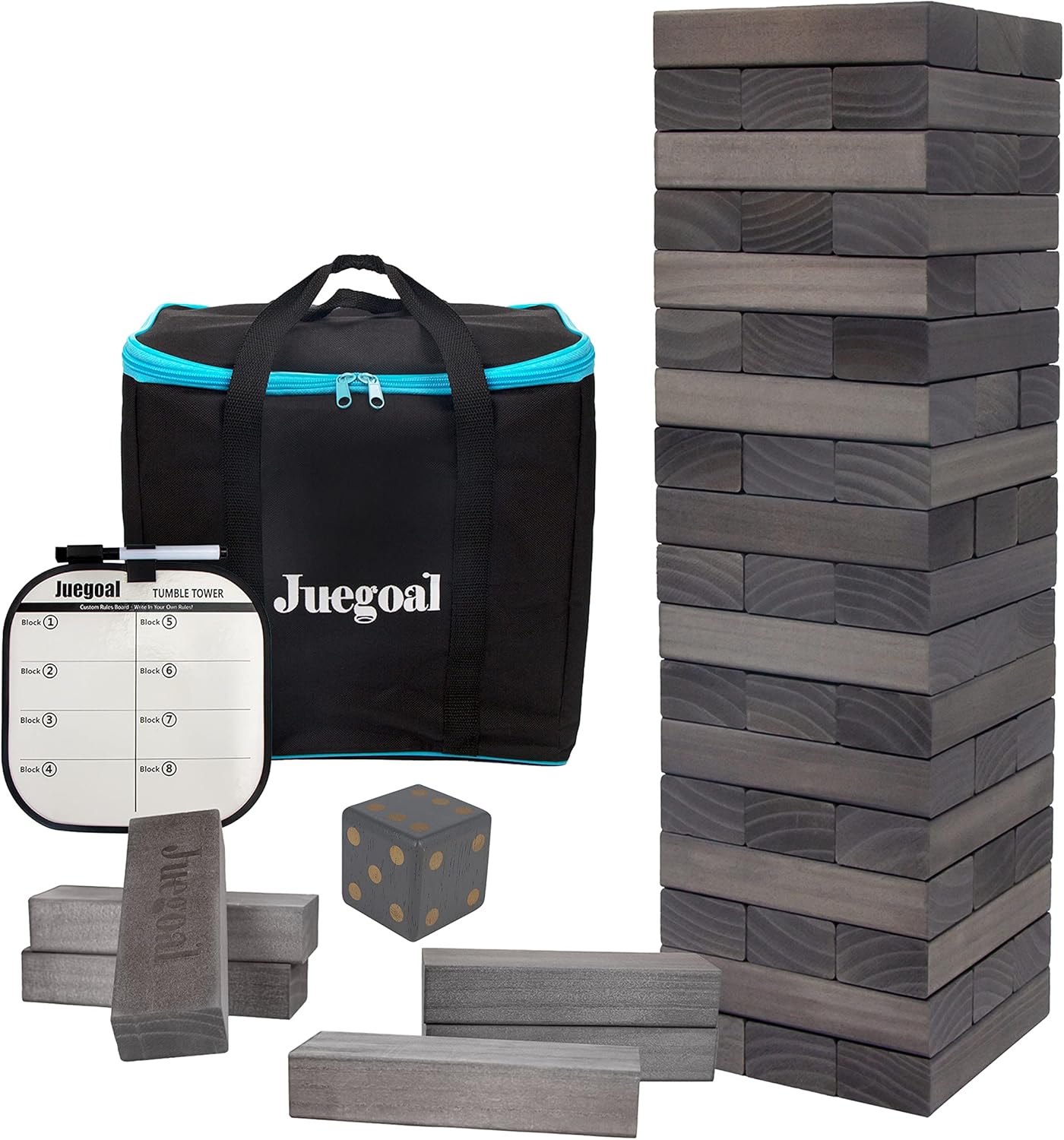 Juegoal 54 Pieces Giant Tumble Tower Blocks Game Giant Wood Stacking Game with 1 Dice Set, Gameboard, Canvas Bag for Adult, Kids, Family, Grey