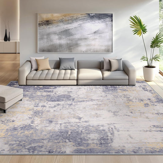 Washable Area Rugs 8'x10' Non-Slip Modern Abstract Soft for Living Room Entryway Bedroom Nursery, Print Pattern, Purple Grey Cream Yellow