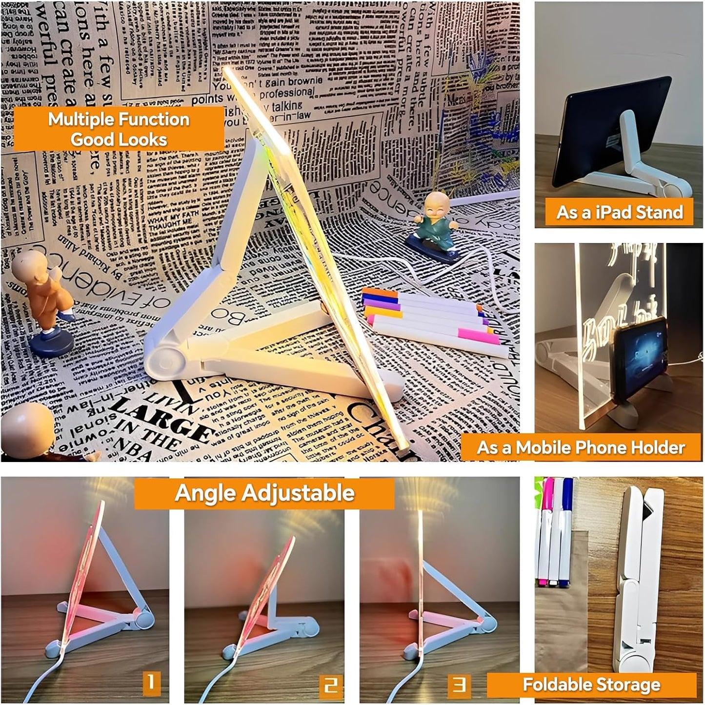 Led Drawing Board, Acrylic Dry Erase Board with Bracket, 11.8" X 7.9” Glow Writing Board, Led Note Board Comes with 7 Drawing Pens and 5 Cartoon Doodle Paper for Office School Home
