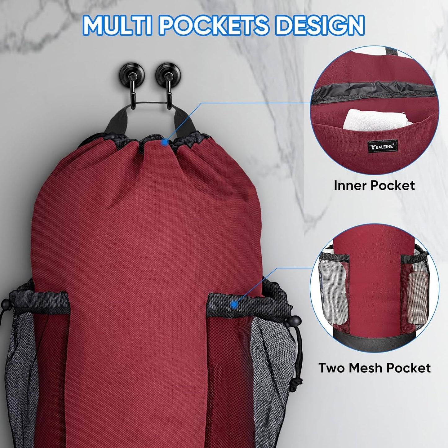 BALEINE 150L Laundry Bag Backpack, 900D Oxford Fabric Large Travel Laundry Bags with Shoulder Straps and 2 Mesh Pockets for College Dorm, Apartment, Laundromat (Red, 150L) ﻿