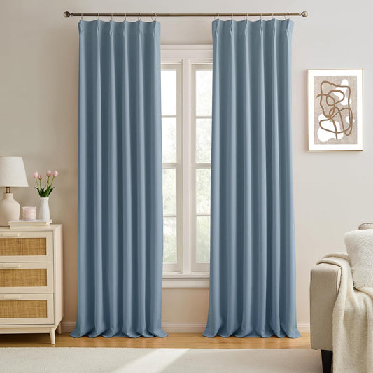 KEQIAOSUOCAI Pinch Pleated Dark Slate Steel Blue Curtains 96 Inches Long, Luxury Room Darkening Window Treatment Drapes for Nursery Bedroom Living Room, 40 x 96 Inch, Dusty Stone Blue, Set of 2