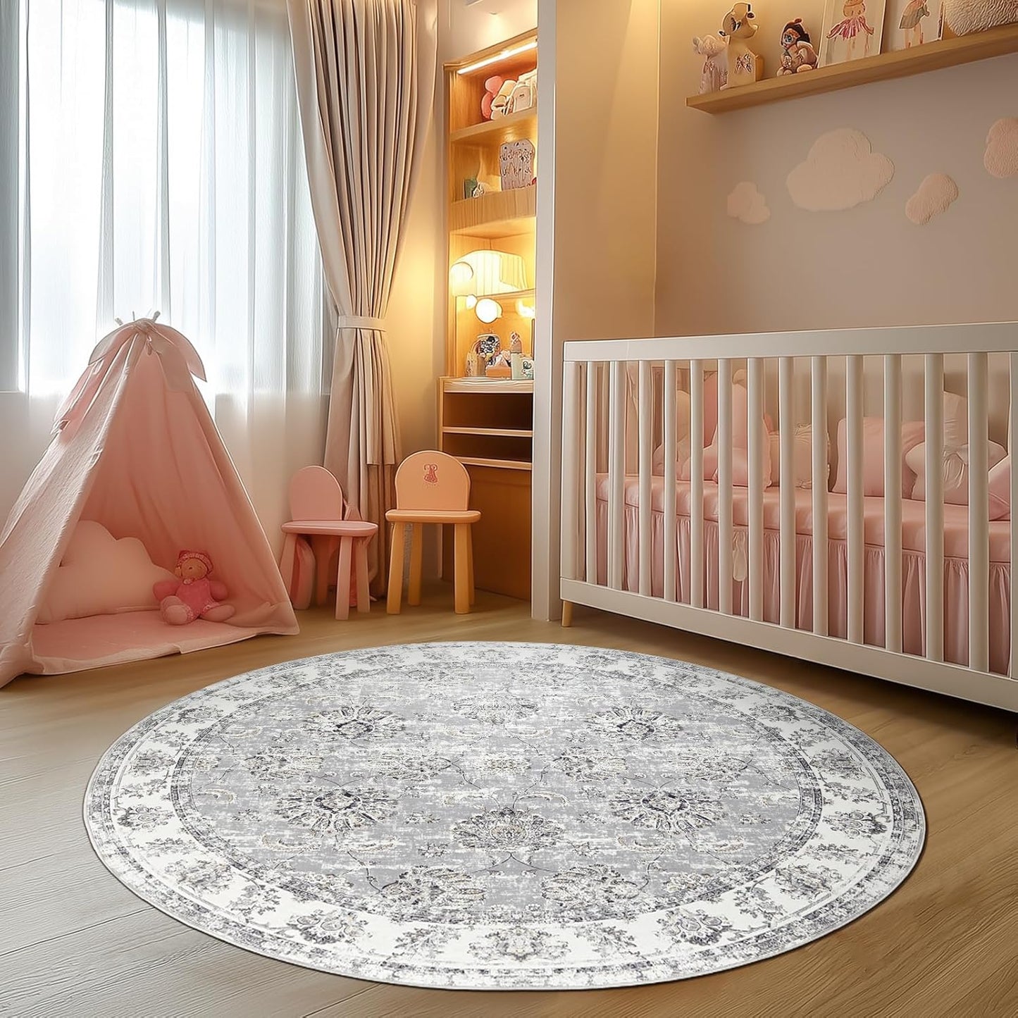jinchan Round Rug 6ft Area Rugs Vintage Floral Distressed Design - Machine Washable Non-Slip Low-Pile Ultra-Thin Circle Rug for Entryway Bedside Living Room Dining Room Bedroom (6' Round,Grey)