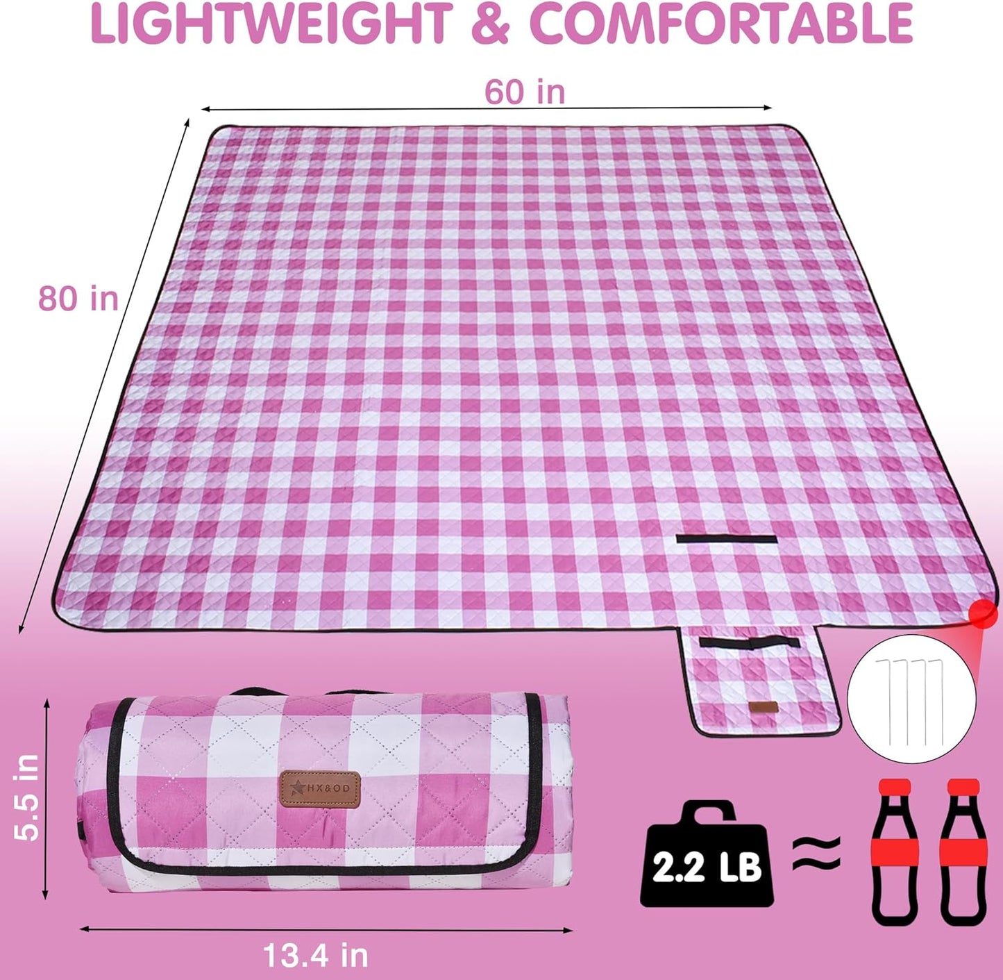 HX&OD Outdoor Picnic Blanket, Extra Large, 80''x60'' Waterproof Foldable Blankets Gingham Picnic Mat for Beach, Camping Grass Lawn Park Accessories Cute Couple Ideas Wedding (Pink, 80”x60”)