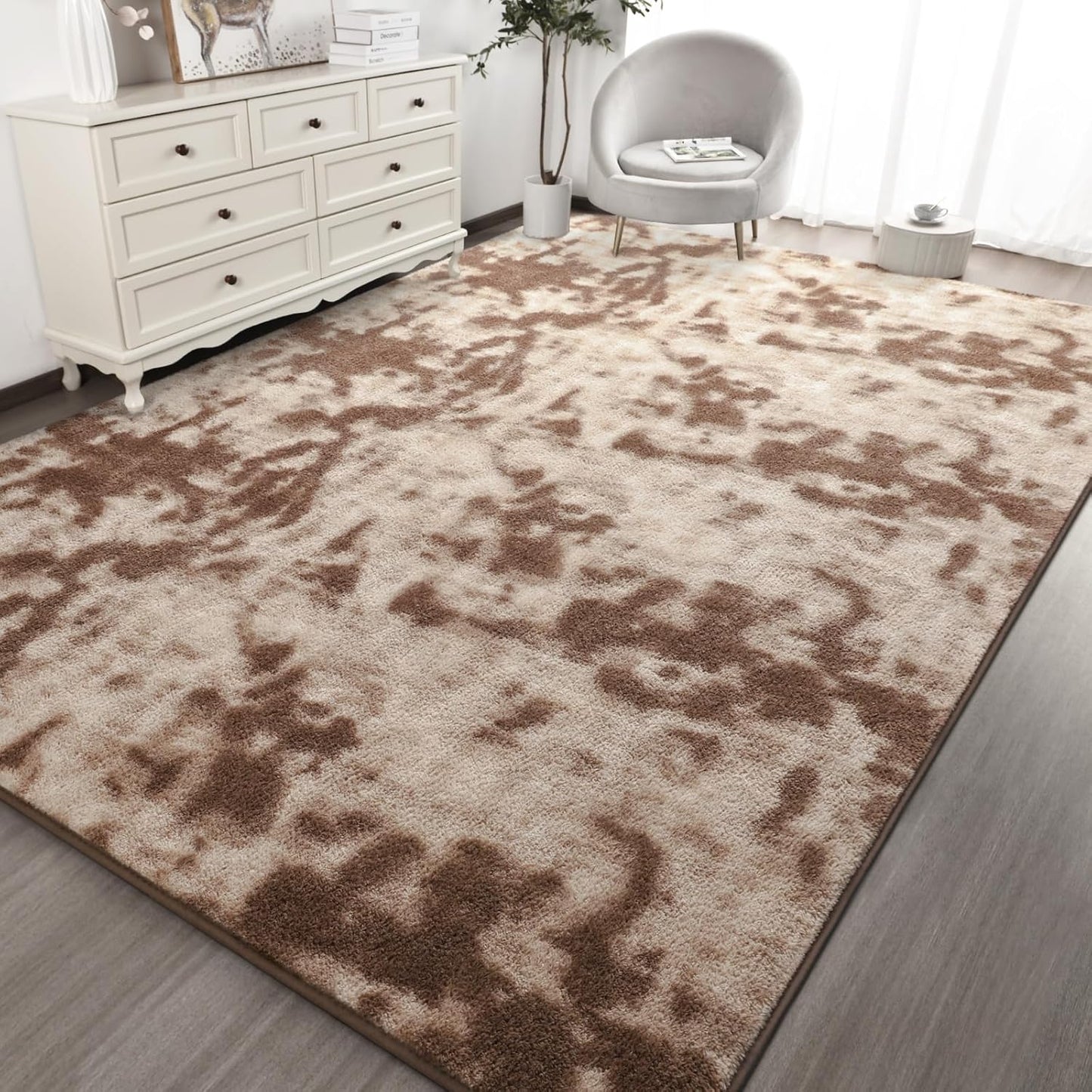 Kimicole 7x10 Washable Area Rugs for Living Room Bedroom, Large Low Pile Ulta-Thin Solid Color Rug, Non-Slip Soft Fluffy Carpet for Nursery Kids Room Dorm Room Home Decor (Brown)