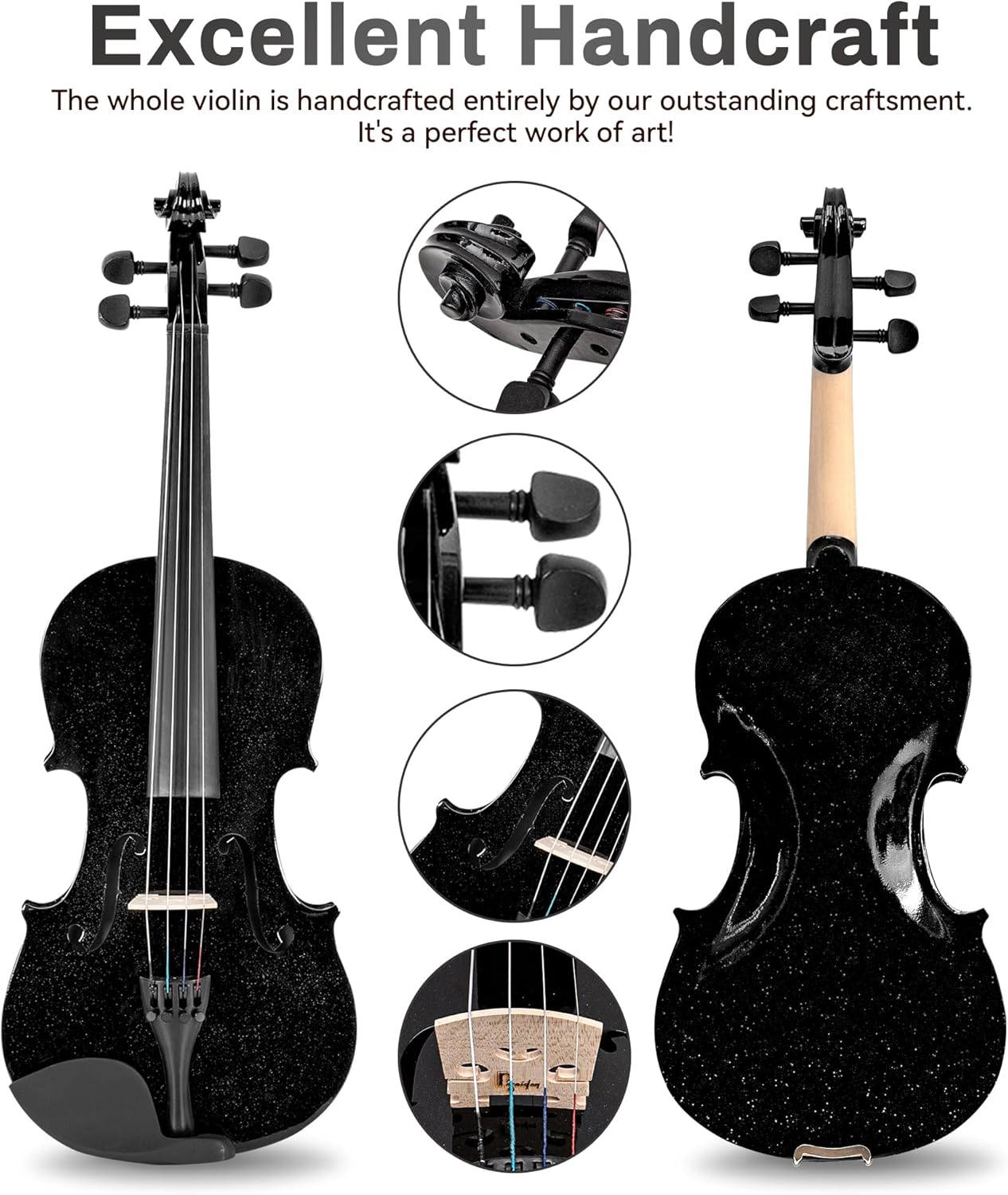 Poseidon 3/4 Violin Size Set for Beginners, Black Violin for Beginner Fiddle Kit with Hard Case, Bow, Rosin, Horse Bridge, Violin Strings 3/4 Full Set, Shoulder Rest, Clip-on Tuner, Manual Instruction