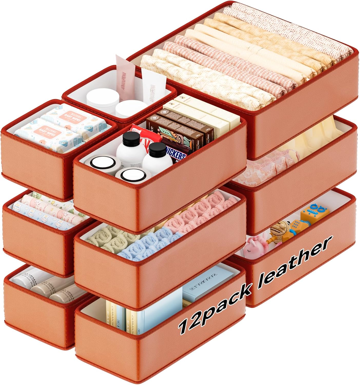 Vegan Leather Drawer Organizers,12 Pack Makeup Storage boxes,Vanity Drawer Luxury upgrade,Bedroom fabric Drawers replacement,bathroom organization and storage Optimal solution