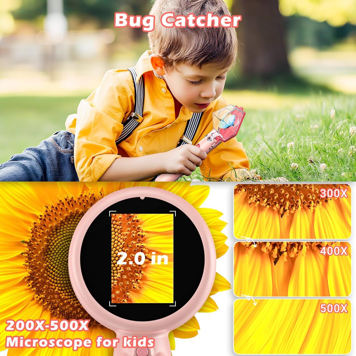 2 in 1 Kids Microscope with Bug Catcher,HD 500X Digital Microscope for Kids with 2" Screen,Photo and Video,STEM Educational Science Kit Learning Toys for Age 3-12 Girls & Boys Birthday Gifts (Pink)