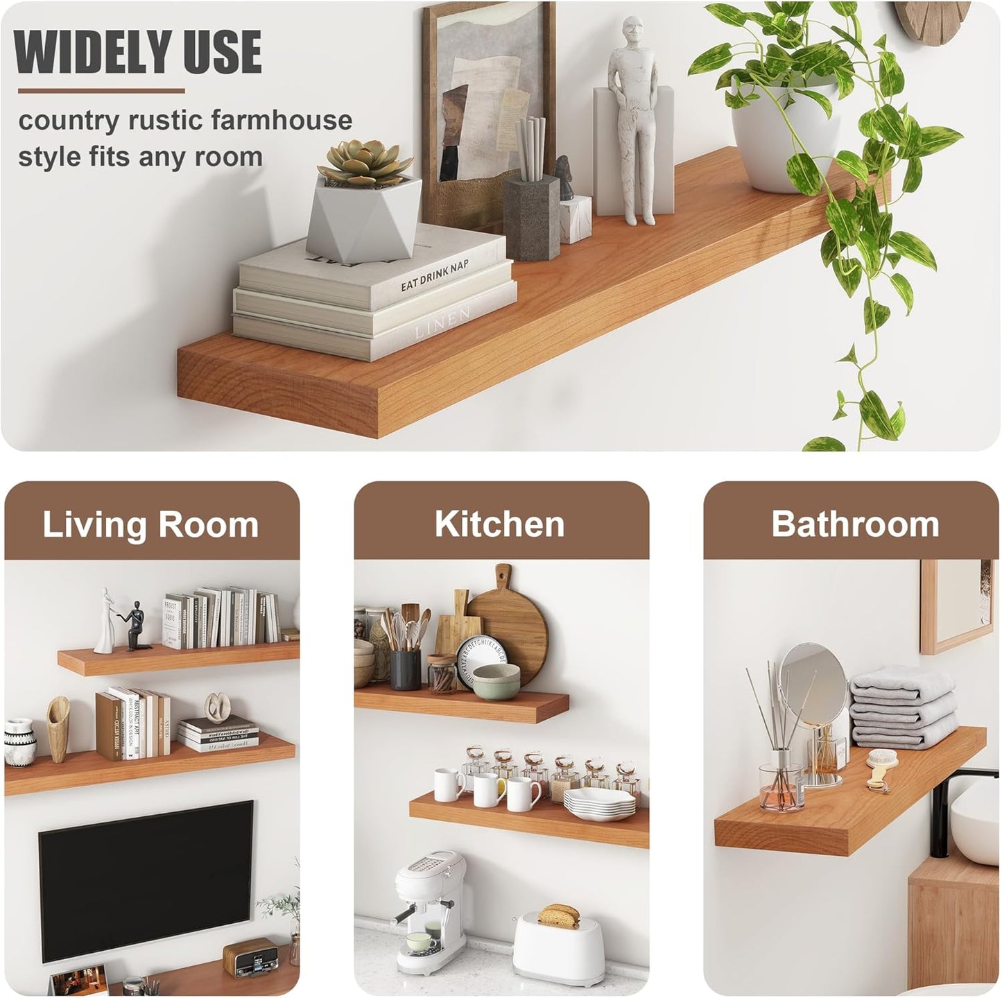 Floating Shelves for Wall, USA-Sourced Cherry Wood 55 Inch Long Wall Shelves, Natural Wooden Wall Mounted Picture Ledge Shelf, Nursery Book Storage Shelf Kids Bookshelf, Display Shelf for Bathroom