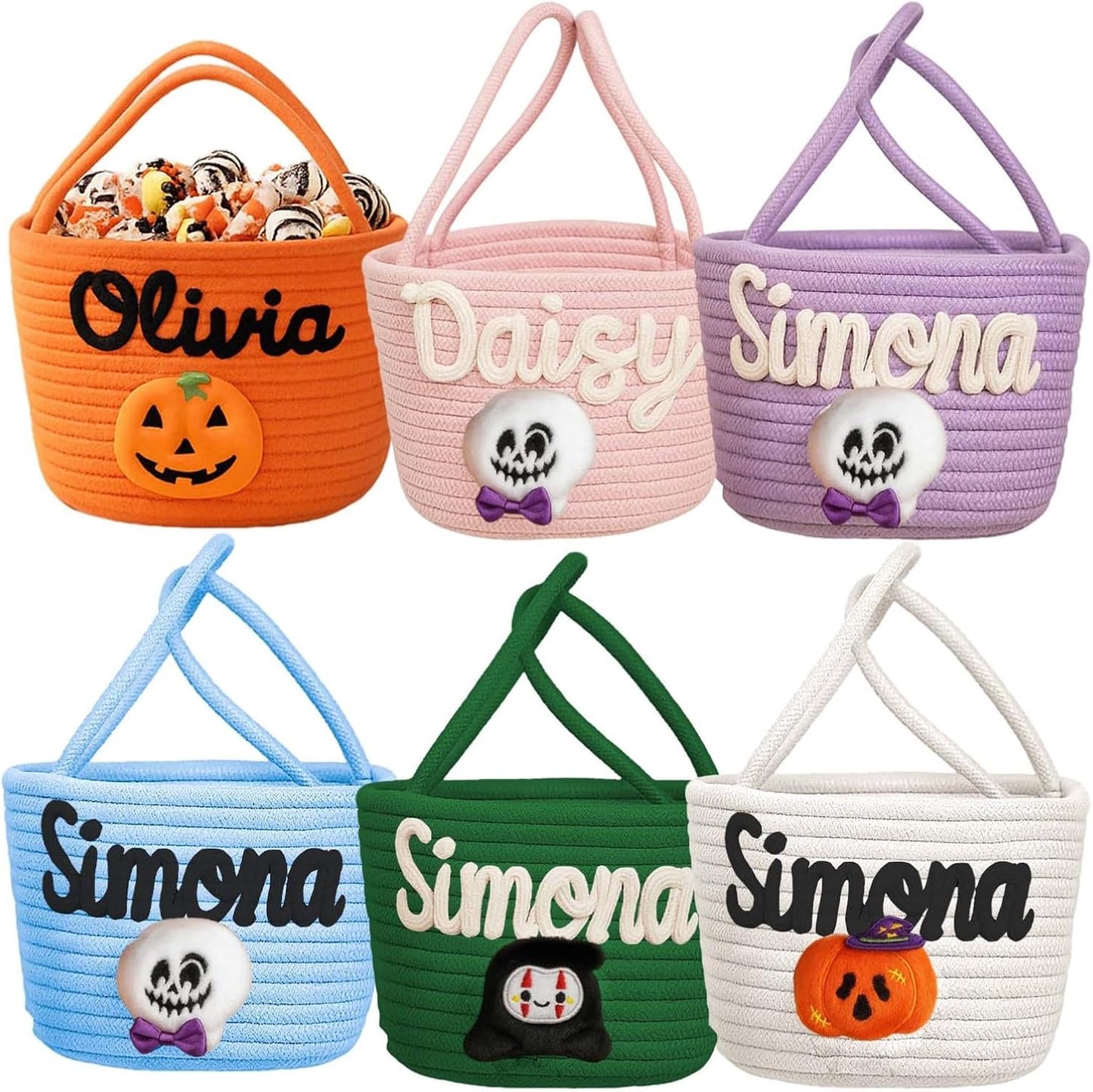 Custom Halloween Candy Basket with Name – Personalized Trick or Treat Bag for Kids, Woven Pumpkin or Ghost Bucket, Cute Halloween Tote for Boys & Girls