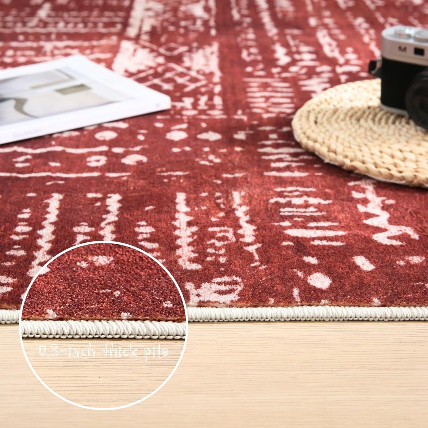 Living Room Rug 6x9 Rug Machine Washable Boho Area Rug Non Slip Moroccan Vintage Low Pile Large Rug for Living Room, Bedroom, Farmhouse, Dining Room, Kids Playroom(Terracotta)