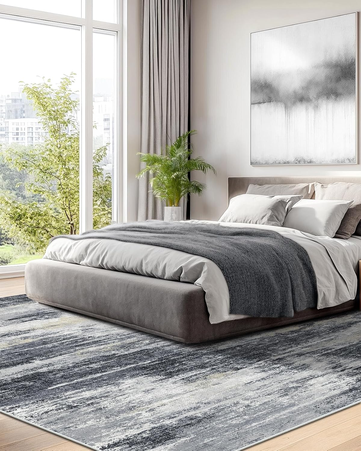 Amada 8x10 Area Rug, Modern Abstract Living Room Rug with Non-Slip Backing & Short Pile, Large Washable Rug with Abstract Pattern for Living Room, Bedroom and Dinning Room, Light Grey
