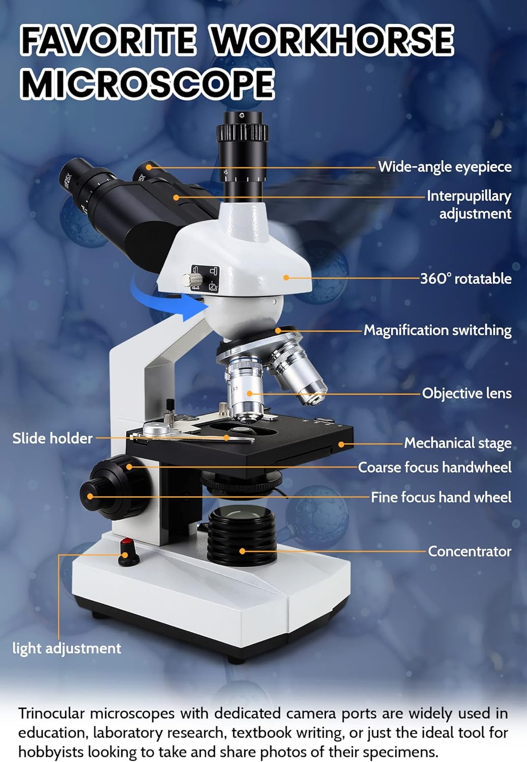 40X-5000X Compound trinocular Microscopes trinocular fo Adults, with 5.0 mp Camera with Microscope Slides 30p, Microscope Accessories, Microscopes Abbe Condenser
