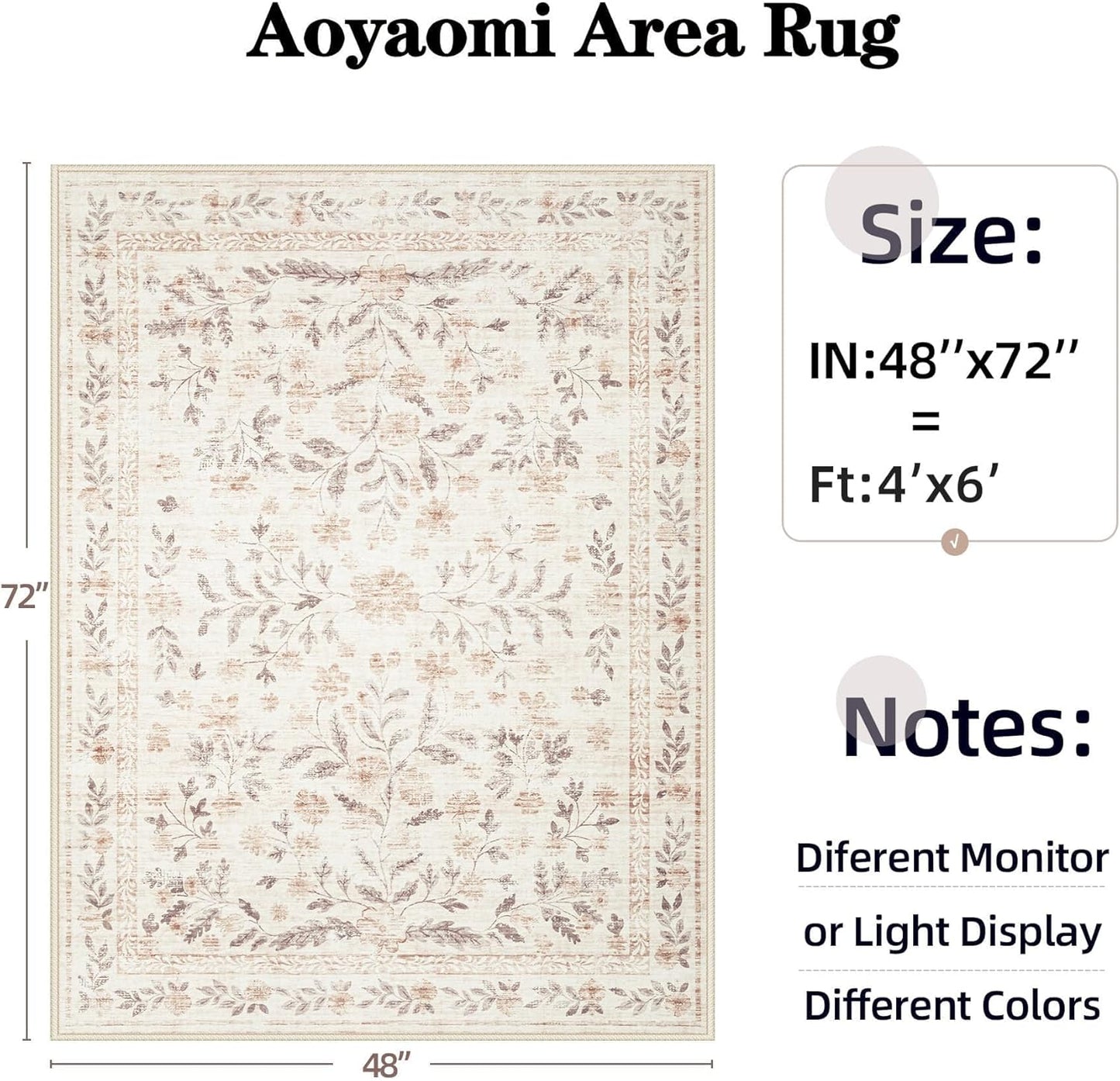 Rugs for Living Room 4x6 Rug, Washable Floral Boho Area Rug Non Slip Soft Low Pile Small Carpet for Bedroom Girls, Bedside, Kitchen, Entryway, Kids Room, Office, College Dorm(4'x6', Floral Beige)