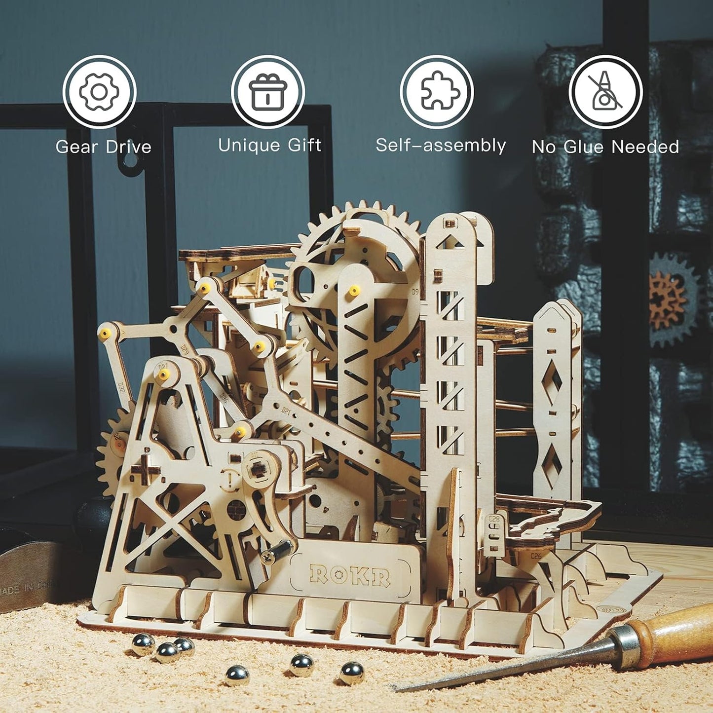 ROKR 3D Wooden Puzzles Marble Run Set - Mechanical Model Kit for Adults DIY Roller Coaster Toys Gifts for Boys/Girls (Marble Channel)