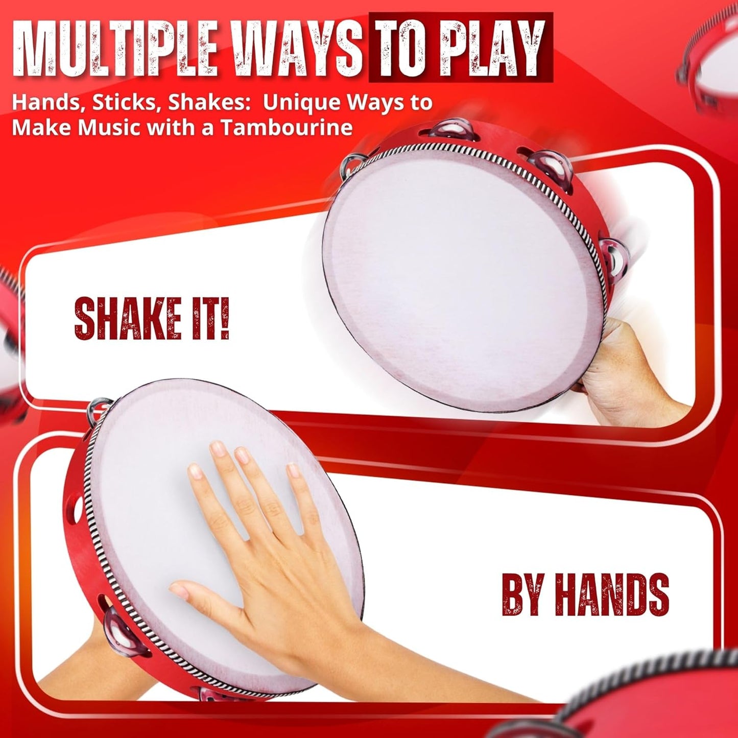 Flexzion Wood Handheld Tambourines - 8 and 6 Inch Set of 2 Pack, with Single Row Metal Jingle Bell (Red) Hand Held Tambourine Percussion Drum Moon Musical Instrument