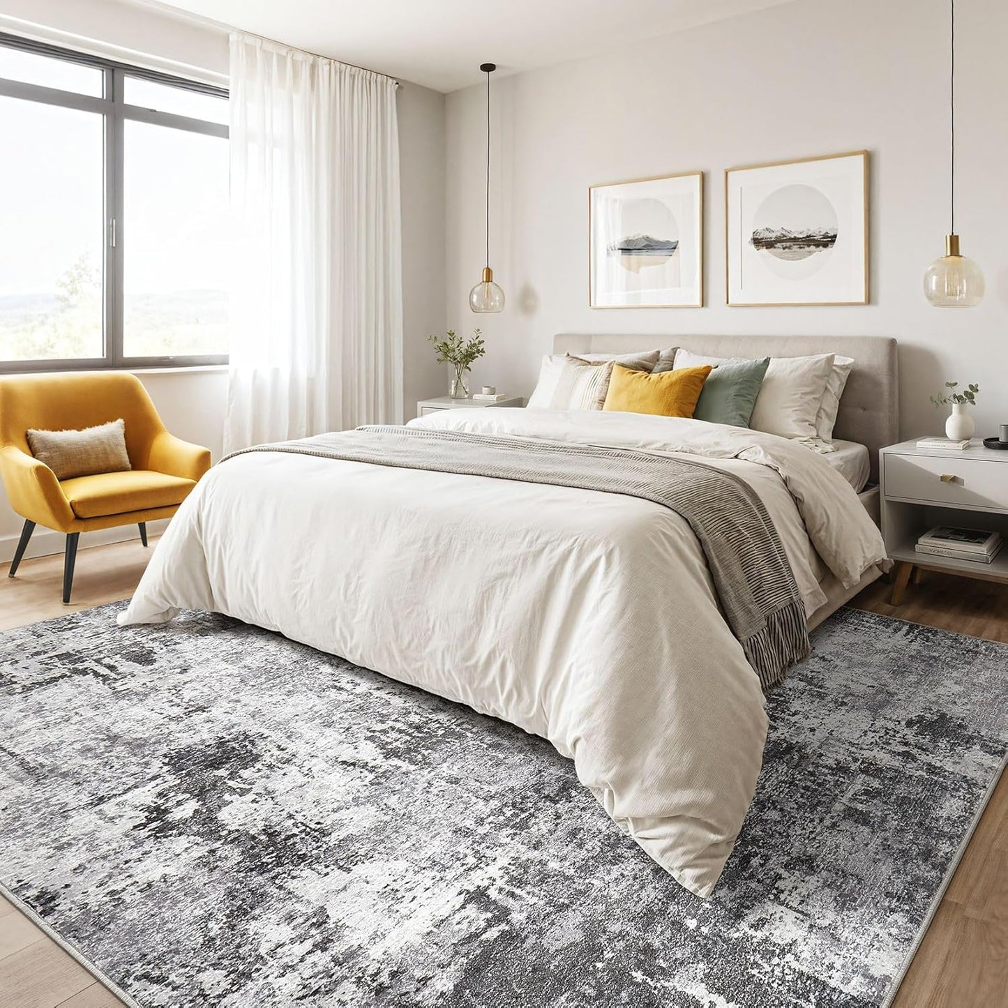 6x9 Area Rugs Living Room: Large Washable Abstract Modern Soft Rug Stain Resistant Indoor Floor Non Slip Accent Carpet for Bedroom Nursery Playroom Dining Room Office Dorm Home Decor- Black Grey