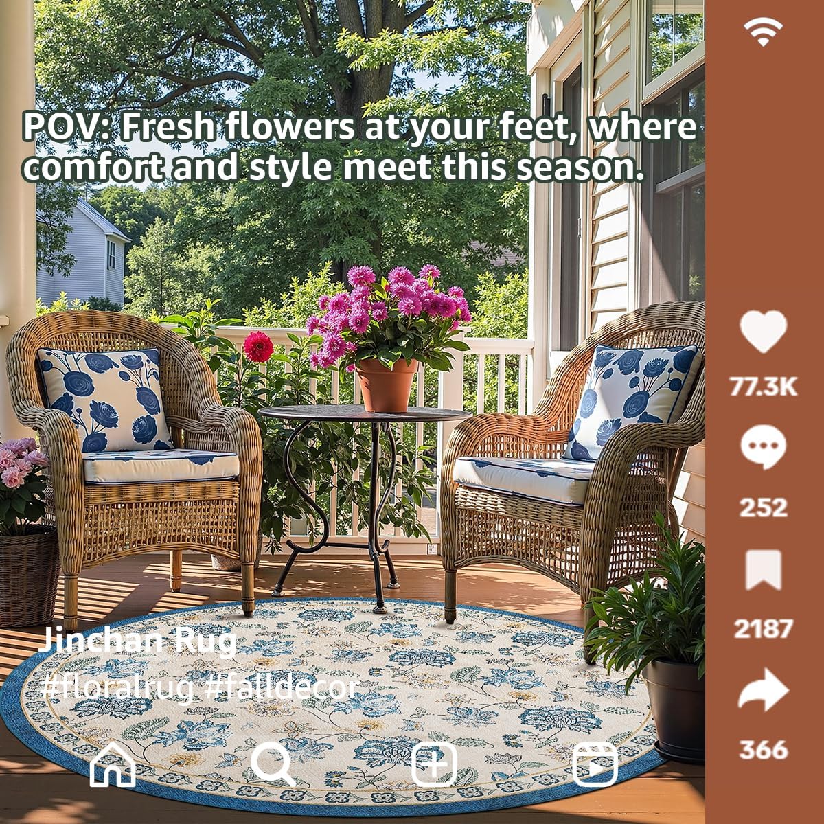 jinchan 8ft Floral Round Rug for Dining Room Washable Living Room Rug Vintage Romance Design Non Slip Indoor Floor Cover Lightweight Low-Profile Throw Carpet for Bedroom Porch Patio, Blue/Beige